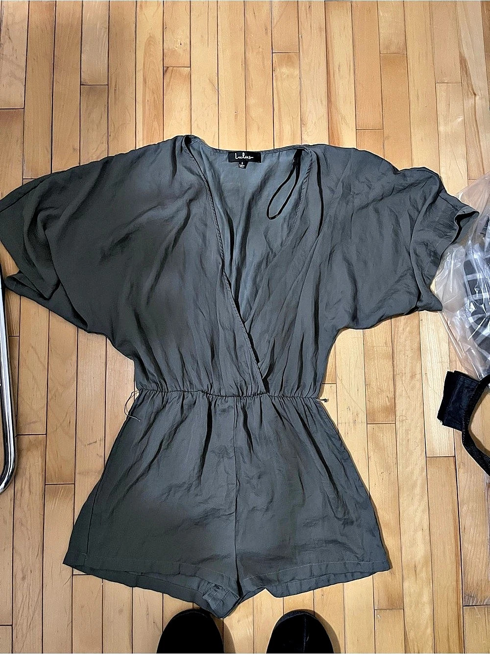 Lulus Ain't It Grand Olive Green Satin Surplice Romper